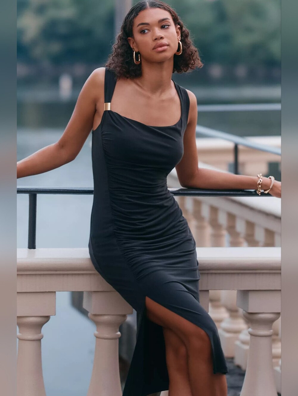 Anthropologie Black Sleeveless Side Slit  Pull Over Square-Neck Knit Midi Dress